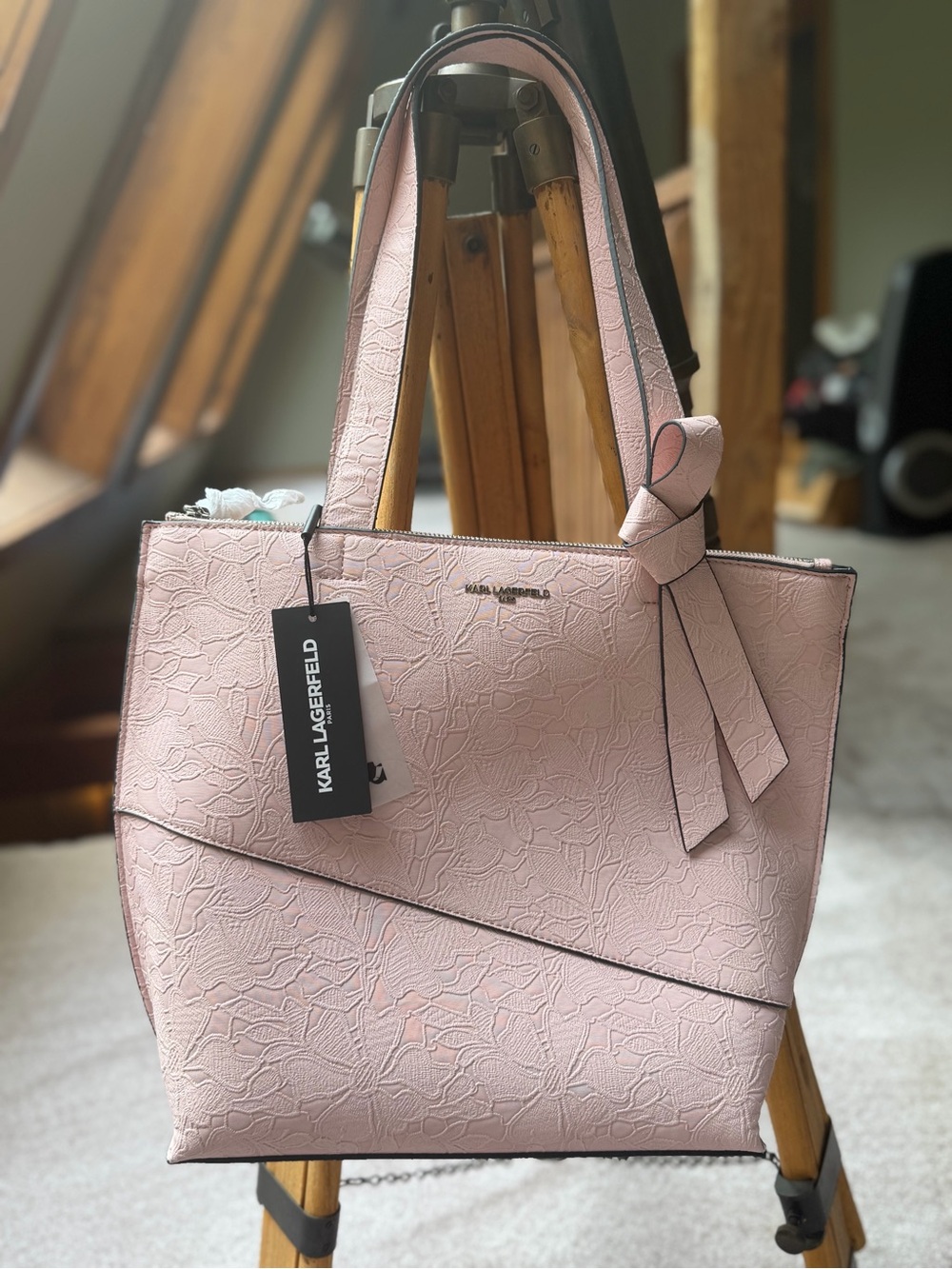 Karl Lagerfeld NWT Pink Leather Embossed Floral Textured Tote Bag Tie Accent